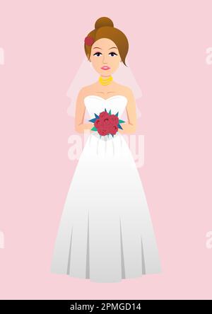 Braut Mit Blumenstrauß, Clip Art Illustration. Hochzeitskleid Stock Vektor