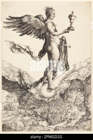 Printwerbung, Nemesis; Albrecht Dürer (Deutsch, 1471-1528); Deutschland; Gravur auf weißem Papier; Gesamt: 33,5 x 23,3cm (13 3/16 x 9 3/16in.) Platemark: 33,2 x 22,9 cm (13 1/16 x 9 Zoll) Matte: 45,7 x 35,6 cm (18 x 14 Zoll) Stockfoto