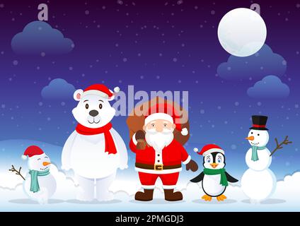 Design-Vektor Für Weihnachten Im Hintergrund. Weihnachtsmann, Pinguin, Eisbär, Schneemann-Cartoon-Figuren Stock Vektor