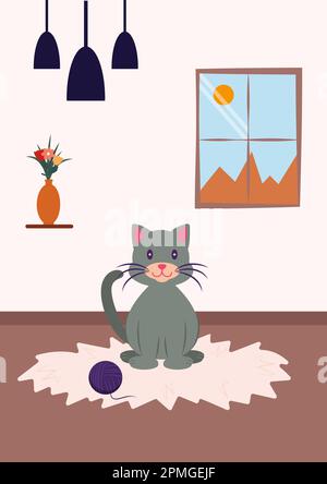 Gemütliches Interieur Mit Niedlichem Cat-Vektor Stock Vektor