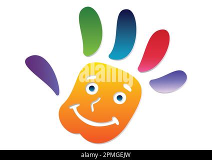 Farbenfrohe Kinderhand. Fröhliches Gesicht. Logo. Bunte Hand isoliert auf weißem Hintergrund Stock Vektor