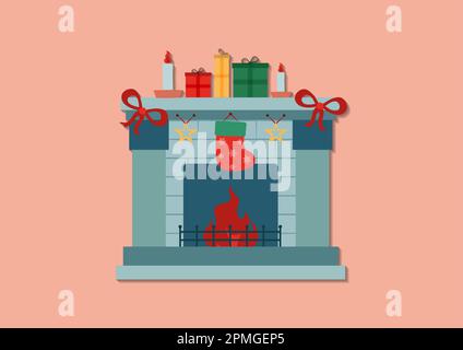Kamin mit weihnachtsdekoration im Retro-Stil Stock Vektor
