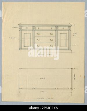 Zeichnen, Aufstellen und Planen für Sideboard mit Pilasters; entworfen von A.N. Davenport Co.; Graphit und gelber Bleistift auf dünnem cremefarbenem Papier; 26,0 x 21,3 cm (10 1/4 x 8 3/8 Zoll) Stockfoto