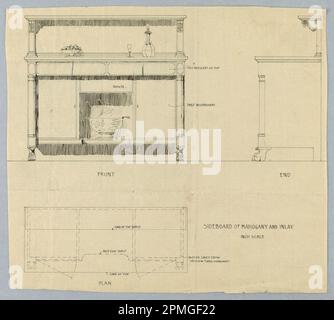 Zeichnung, Entwurf für Seitenwand von Mahagoni und Inlay; entworfen von A.N. Davenport Co.; Stift und schwarze Tinte auf dünnem cremefarbenem Papier; 22,2 x 24,5 cm (8 3/4 x 9 5/8 Zoll) Stockfoto