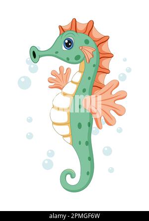 Süßes grünes Seepferdchen isoliert auf weißem Hintergrund. Vektordarstellung Stock Vektor