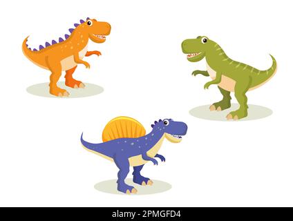 Dinosaurier-Zeichentrickfigur isoliert auf weißem Hintergrund. Verschiedene Dinosaurier, T-rex, Stegosaurus, Vektordarstellung Stock Vektor