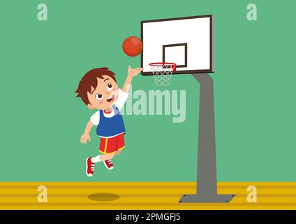 Glücklicher kleiner Junge, der Basketball spielt. Ein Junge, der Basketball spielt Stock Vektor