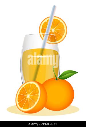 Ein Glas Orangensaft mit einer Tube und eine Orangenscheibe Stock Vektor