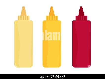 Vektordarstellung der Ketchup-, Mayonnaise- und Senfquetschflasche isoliert auf weißem Hintergrund Stock Vektor