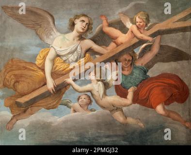 GENUA, ITALIEN - 8. MÄRZ 2023: Das Fresko der Engel mit dem Kreuz in der Kirche Basilica della Santissima Annunziata del Vastato. Stockfoto