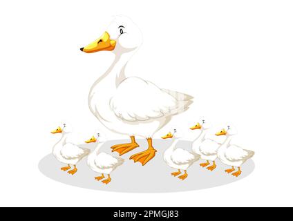 Mutter Ente und Entenküken. Cartoon-Vektordarstellung isoliert auf weißem Hintergrund. Entenmüttertier und Familienentlein Stock Vektor
