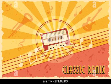 Musikalischer Hintergrund Im Alten Jahrgang. Alte Kassette, Gitarre, Trompete, Musikalische Noten, Vektorabbildung Stock Vektor