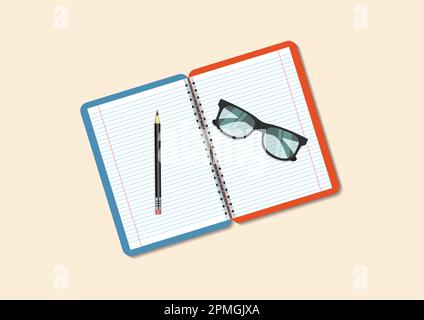Geöffnetes Notizbuch mit Brille und Bleistift Stock Vektor