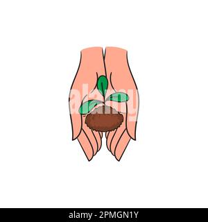 Silhouette eines kleinen Keimes in den Händen. Pflanzen Sie in den Boden. Die Darstellung des isolierten Vektors Sprout.Stock auf weißem Hintergrund.Drucken. Stock Vektor