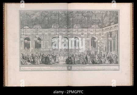 Bound Print, Décoration du bal masque donné par le roy dans la grande Galerie du Château de Versailles, à l’occasion du Mariage de Louis Dauphin de France avec Marie Thérèse Infante d’Espagne, la nuit du XXV. rz XXVI février. M.D. CCXLV. (Dekoration für den Maskenball, den der König im Spiegelsaal von Versailles anlässlich der Hochzeit von Louis Dauphin von Frankreich mit Marie Thérèse von Spanien in der Nacht vom 25. Bis zum 26. Februar 1745 gegeben hat); entworfen von Michel de Bonneval (Französisch, d. 1766); Eingraviert von Charles-Nicolas Cochin, dem Ältesten (Französisch, 1688-1754), Charles Nicolas Cochi Stockfoto