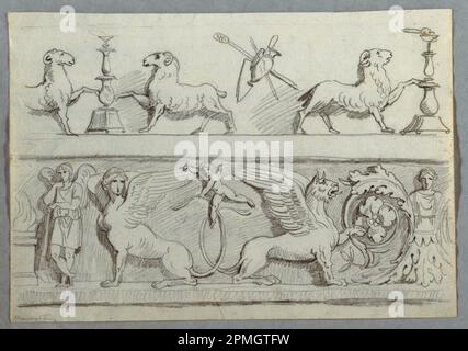 Zeichnung, zwei Friese mit Rams, Candelabra, Trophies und Putti; entworfen von Felice Giani (Italienisch, 1758–1823); Italien; schwarze Kreide auf weißem Lagepapier; 27,1 x 18,9 cm (10 11/16 x 7 7/16 Zoll) Stockfoto