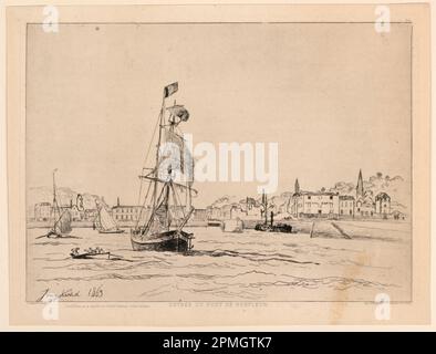 Print, Entree du Port de Honfleur (Eingang zum Hafen von Honfleur); Niederlande; Ätzen dunkelbrauner Tinte auf Papier; Platte: 23,5 x 31,7 cm (9 1/4 x 12 1/2 Zoll. Papier: 25,3 x 33,1 cm (9 15/16 x 13 1/16 Zoll); Bequest of George Campbell Cooper; 1896-3-401 Stockfoto