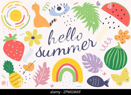 Hallo Sommer Poster, Banner. Sommerelemente und Illustrationen in leuchtenden, leuchtenden Farben. Einfach zu bearbeiten für Ihr Design. Stock Vektor