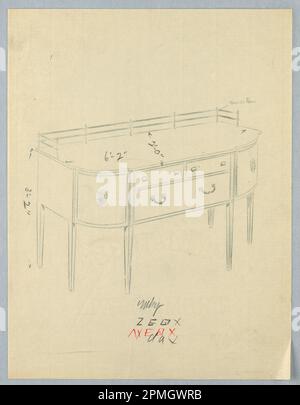 Zeichnung, Design für Sideboard mit Messingschiene und abgerundeten Ecken; entwickelt von A.N. Davenport Co.; Graphit auf dünnem cremefarbenem Papier; 27,9 x 21,3 cm (11 x 8 3/8 Zoll) Stockfoto