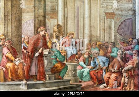 GENUA, ITALIEN - 6. MÄRZ 2023: Das Fresko von zwölf alten Jesus im Temin die Kirche Basilika della Santissima Annunziata del Vastato Stockfoto