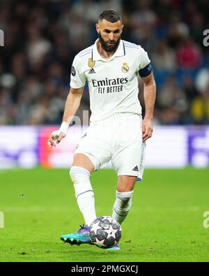 Karim Benzema von Real Madrid während des UEFA Champions League-Spiels, der Viertelfinale, der 1. Etappe zwischen Real Madrid und dem Chelsea FC, am 12. April 2023 im Santiago Bernabeu Stadion in Madrid, Spanien, gespielt. (Foto: Sergio Ruiz / PRESSIN) Stockfoto