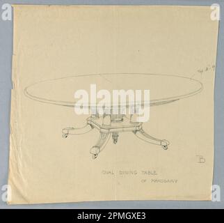 Zeichnung, Design for Oval Esstisch „B“ von Mahagoni; entworfen von A.N. Davenport Co.; Graphit auf dünnem cremefarbenem Papier; 22,9 x 24,1 cm (9 x 9 1/2 Zoll ); unregelmäßiges Blatt Stockfoto