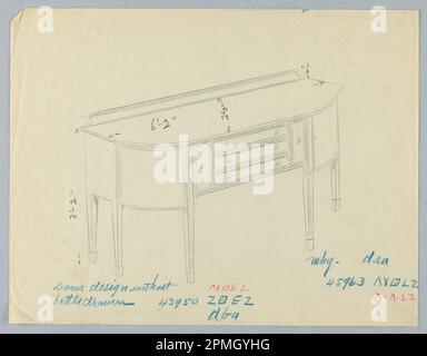 Zeichnung, Design für sechsbeinige Seitenwände mit abgerundeten Ecken und fünf Schubladen in der Mitte; entwickelt von A.N. Davenport Co.; Graphit auf dünnem cremefarbenem Papier; 21,6 x 27,9 cm (8 1/2 x 11 Zoll) Stockfoto