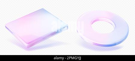 Realistische 3D-Gruppe geometrischer Figuren, isoliert auf transparentem Hintergrund. Vektordarstellung eines abstrakten quadratischen und glänzenden Rings mit holografischem Farbverlauf. Futuristisches schillerndes Designelement Stock Vektor