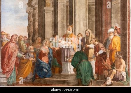 GENUA, ITALIEN - 6. MÄRZ 2023: Das Fresko der Vorstellung von Jesu im Tempel in der Kirche Basilica della Santissima Annunziata del Vastato Stockfoto