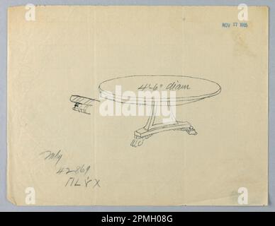 Zeichnung, Konstruktion für runden Tisch auf dreieckigem Sockel; entworfen von A.N. Davenport Co.; Graphit auf dünnem cremefarbenem Papier; 21,3 x 27,6 cm (8 3/8 x 10 7/8 Zoll) Stockfoto