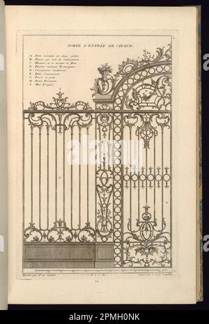 Printwerbung, Porte d'Entrée de Choeur; entworfen von Francois de Cuvilliés the Elder (Belgien, aktives Deutschland, 1695 - 1768); graviert von Karl Albert von Lespilliez (1723 - 1796); Veröffentlicht von Nicolas Jean Baptiste de Poilly (Frankreich, 1712 - Ca. 1758); Deutschland; Ätzen und Gravieren auf cremefarbenem, liegendem Papier; Platemark: 36,8 x 24,2 cm (14 1/2 x 9 1/2 Zoll) Blatt: 44 x 28,6 cm (17 5/16 x 11 1/4 Zoll) Stockfoto