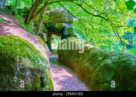 Der enge Pfad zwischen Felsen im Tal der Riesen im Sofiyivka Park, Uman, Ukraine Stockfoto