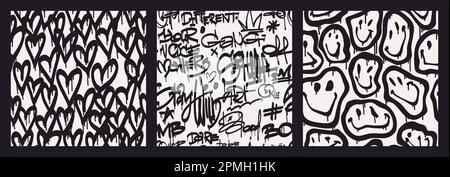 Groovy Smile nahtlose Muster in Urban Street Art Graffiti-Stil. Schwarz-weißer Schriftzug mit Herzmotiv. RetroWave im 90s-Stil. Psychedelischer Rave-Hintergrund Stock Vektor