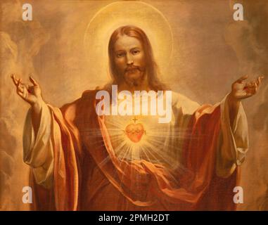 GENUA, ITALIEN - 6. MÄRZ 2023: Das Gemälde des Herzens Jesu in der Kirche Chiesa di Santa Marta von Mattia Traverso (1945). Stockfoto