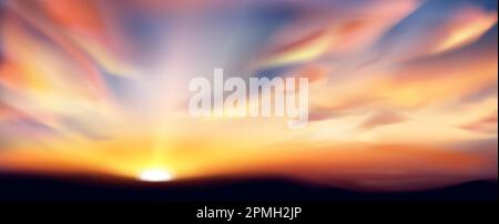 Realistischer abstrakter Abenddämmerhimmel bei Sonnenuntergang mit Wolken. 3D Uhr Sonnenaufgang weiches, horizontales Panorama. Wunderschöne Wolkendecke im Freien mit Sonnenschein und verschwommenem Terrain Stock Vektor