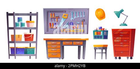 Innenausstattung des Werkstattraums in der Garage oder im Untergeschoss. Isolierte Zimmereiwerkzeuglagerung auf weißem Hintergrund. Regal und Tafel mit Ausrüstung, Kiste im Technikraum. Kanister und alte Racksammlung Stock Vektor
