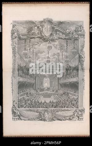 Bound Print, Décoration de la salle de spectacle, construit dans le manège couvert de la grande écurie à Versailles, pour la représentation de la Princesse de Navarre Comédie Ballet, donnée à l’occasion du Mariage de Louis Dauphin de France avec Marie Thérèse Infante d’CCévagne, M.III Dévle. (Dekoration des Theaters, erbaut in der Runde der Reitakademie von Versailles zur Vertretung des Balletts « La Princesse de Navarre, » anlässlich der Hochzeit von Louis Dauphin von Frankreich mit Marie Thérèse von Spanien, 23. Februar 1745); Entworfen von Michel de Bon Stockfoto