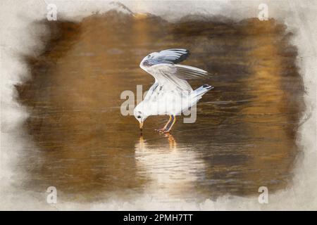 Schwarze Gulls digitale Aquarellmalerei auf einem gefrorenen Teich im Winter. Nicht zuchtende, ausgewachsene Schwarze-Kopf-Gulls mit Winterzucht. Stockfoto