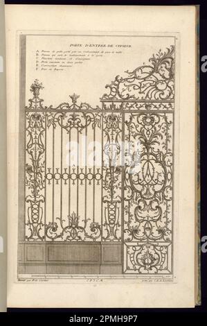 Printwerbung, Porte d'Entrée de Choeur; entworfen von Francois de Cuvilliés the Elder (Belgien, aktives Deutschland, 1695 - 1768); graviert von Karl Albert von Lespilliez (1723 - 1796); Veröffentlicht von Nicolas Jean Baptiste de Poilly (Frankreich, 1712 - Ca. 1758); Deutschland; Ätzen und Gravieren auf cremefarbenem, liegendem Papier; Platemark: 36,9 x 24,1 cm (14 1/2 x 9 1/2 Zoll) Blatt: 44 x 28,6 cm (17 5/16 x 11 1/4 Zoll) Stockfoto