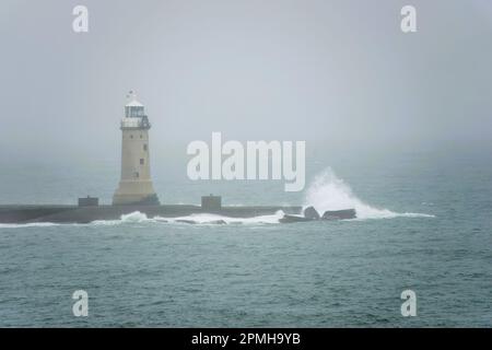 Blick auf den Plymouth Breakwater Lighthouse an einem stürmischen nebligen Frühlingstag Stockfoto