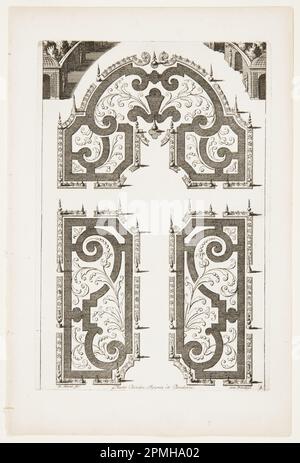 Print, Plaete Bendes, Figuréz et Broderée, in Nouveaux Livre de Parterres contenant 24 pensséz diferantes (Neues Buch mit 24 verschiedenen Variationen für Gartenbetten); entworfen von Daniel Marot (Französisch, in den Niederlanden und England aktiv, 1661–1752); Niederlande; Ätzen und Gravieren auf weißem Papier; Bogen: 35 x 23,5 cm (13 3/4 x 9 1/4 Zoll) Platemark: 28,7 x 19,5 cm (11 5/16 x 7 11/16 Zoll) Stockfoto