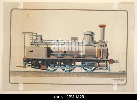 Zeichnung, Elevation View of a Locomotive, erste Verlosung; verfasst von William H. Dohm (geboren 1872); USA; Pinsel und Aquarell und Gouache, Stift und schwarze Tinte auf cremefarbenem gewebtem Papier; 31,7 x 46,5 cm (12 1/2 x 18 5/16 Zoll) Stockfoto