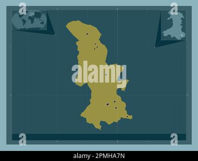 Torfaen, Region Wales - Großbritannien. Durchgehende Farbform. Standorte der wichtigsten Städte der Region. Eckkarten für zusätzliche Standorte Stockfoto