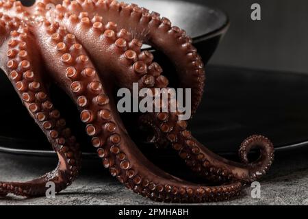 Low-Key-Fotografie des gekochten Oktopus auf der Platte, Platz für Text Stockfoto