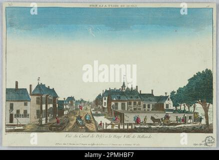 Printmedien, Peep-Show, Vuë du Canal de Delft à la Haye Ville de Hollande, 16; Frankreich; Gravur in Tinte mit wäschigen Aquarellen auf Papier, auf Sammelalbum-Seite befestigt; 26,2 x 38,8 cm (10 5/16 x 15 1/4 Zoll); 1901-30-32 Stockfoto