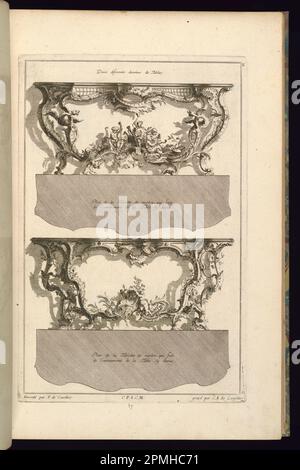 Print, Deux diferents desseins de tables; entworfen von Francois de Cuvilliés the Elder (Belgien, aktives Deutschland, 1695 - 1768); graviert von Karl Albert von Lespilliez (1723 - 1796); Herausgegeben von Nicolas Jean Baptiste de Poilly (Frankreich, 1712 - Ca. 1758); Deutschland; Ätzen und Gravieren auf cremefarbenem, liegendem Papier; Platemark: 35,7 x 23,5 cm (14 1/16 x 9 1/4 Zoll) Blatt: 44 x 28,6 cm (17 5/16 x 11 1/4 Zoll) Stockfoto