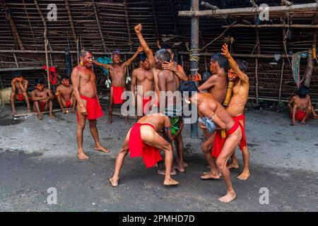 Schamanen aus dem Yanomami-Stamm, die traditionelle Heilmethoden praktizieren, Süd-Venezuela, Südamerika Stockfoto