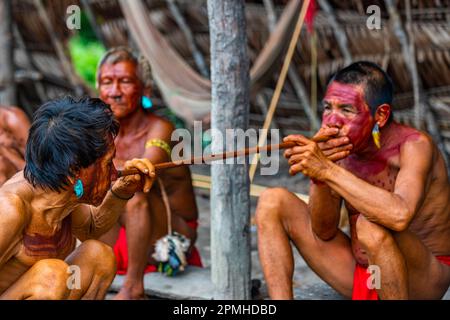 Schamanen aus dem Yanomami-Stamm, die traditionelle Heilmethoden praktizieren, Süd-Venezuela, Südamerika Stockfoto