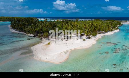 Aerial of Little Island with white Sand Beach, the Ile aux Recifs, Rangiroa Atoll, Tuamotus, French Polynesia, South Pacific, Pazifik Stockfoto