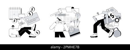 Abstraktes Konzept für finanzielle Verantwortung Vektor-Illustration-Set. Ratensteuerzahlungen, Zahlungsstrafen, Schuldenlast, Nachsicht bei Studentendarlehen, monatliche Kreditzahlung, Deadline abstrakte Metapher. Stock Vektor